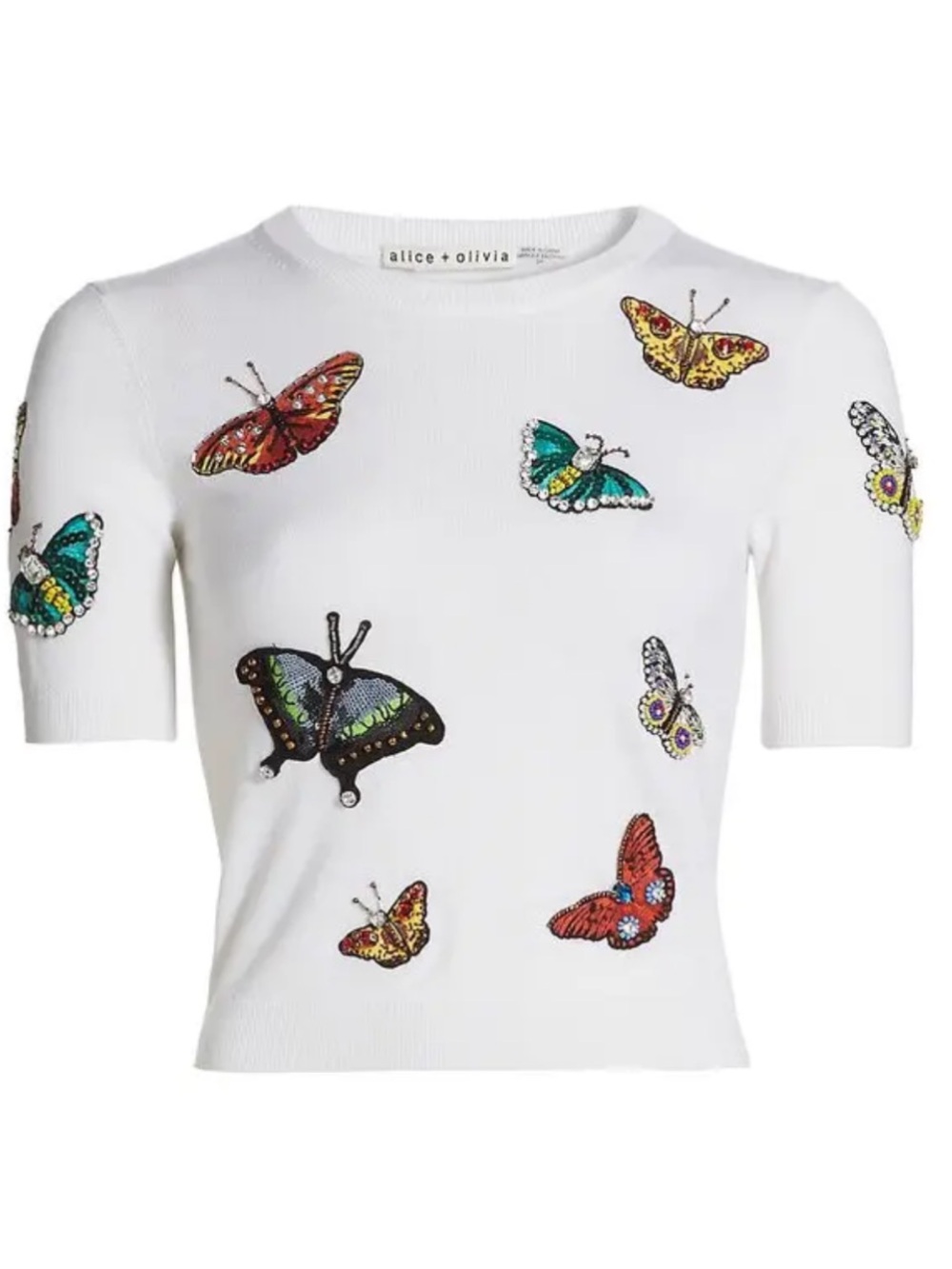 ALICE + OLIVIA Ciara Butterfly-Embellished Short-Sleeve Sweater
